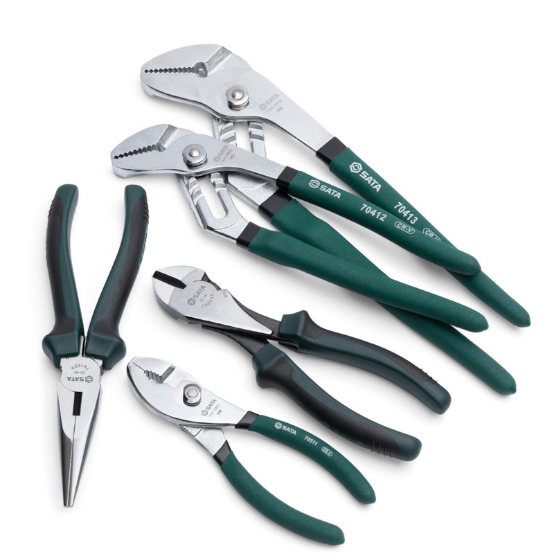 SATA 5-Piece Plier Set with Tongue-and-Groove (12-Inch and 10-Inch), Long-Nose (8-Inch), Diagonal (7-Inch) and Slip-Joint (6-Inch) Pliers - ST70001U - Image 1